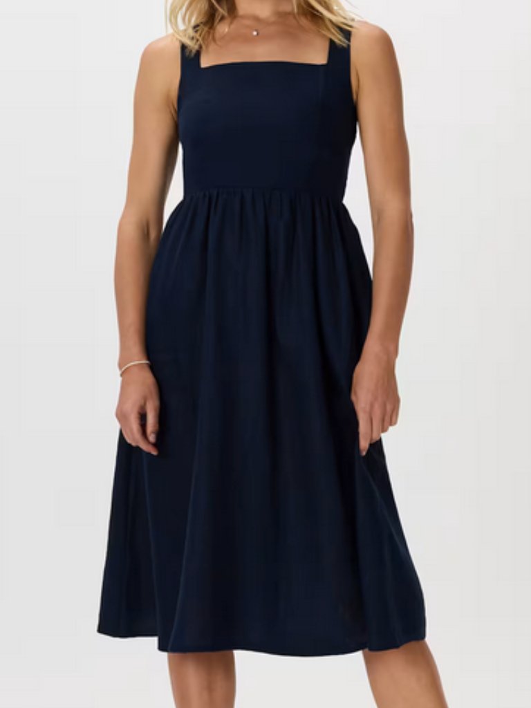 Quince 100% European Linen Fit & Flare Deep Navy Dress Quiet Luxury Minimalist L